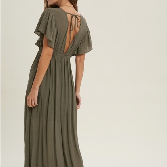 New Bohemian Long Olive Maxi Summer Dress Ruffled Sleeves - Picture 4 of 5